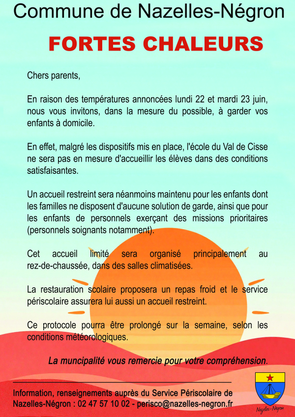 Information fortes chaleurs - Ecole du Val de Cisse